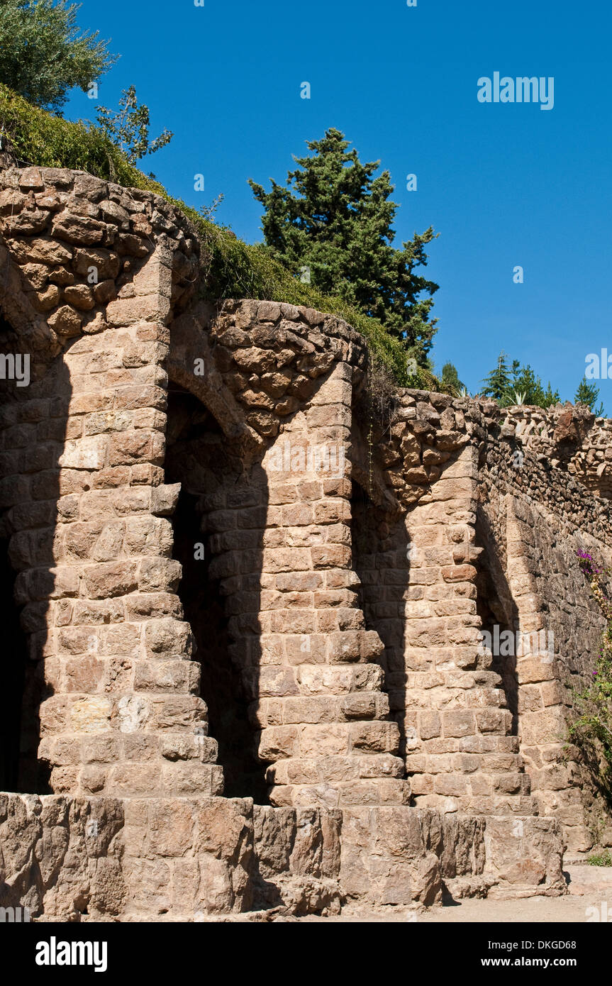 Bird nests in the terrace walls, Park Guell, Barcelona, Catalonia, Spain Stock Photo