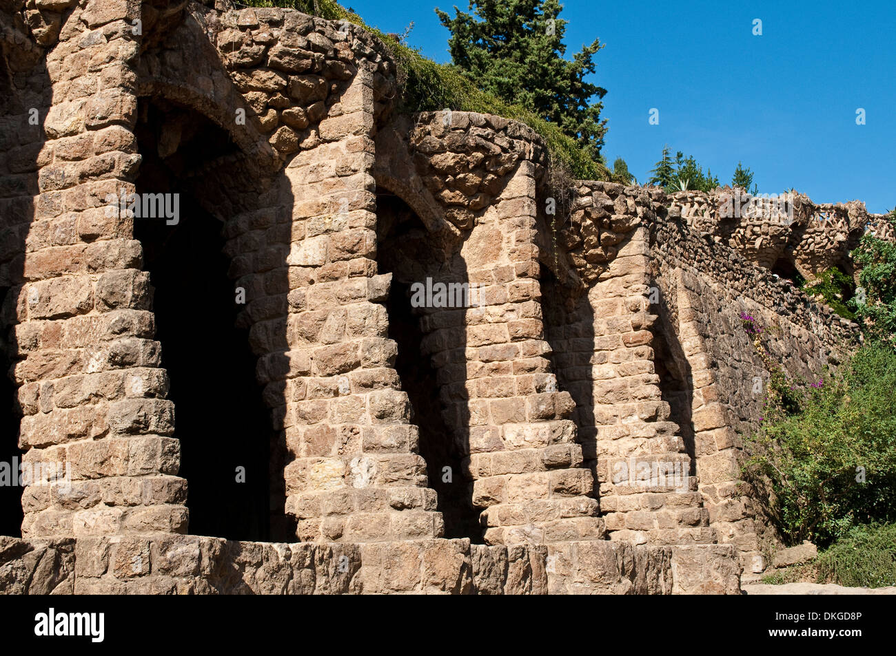 Bird nests in the terrace walls, Park Guell, Barcelona, Catalonia, Spain Stock Photo