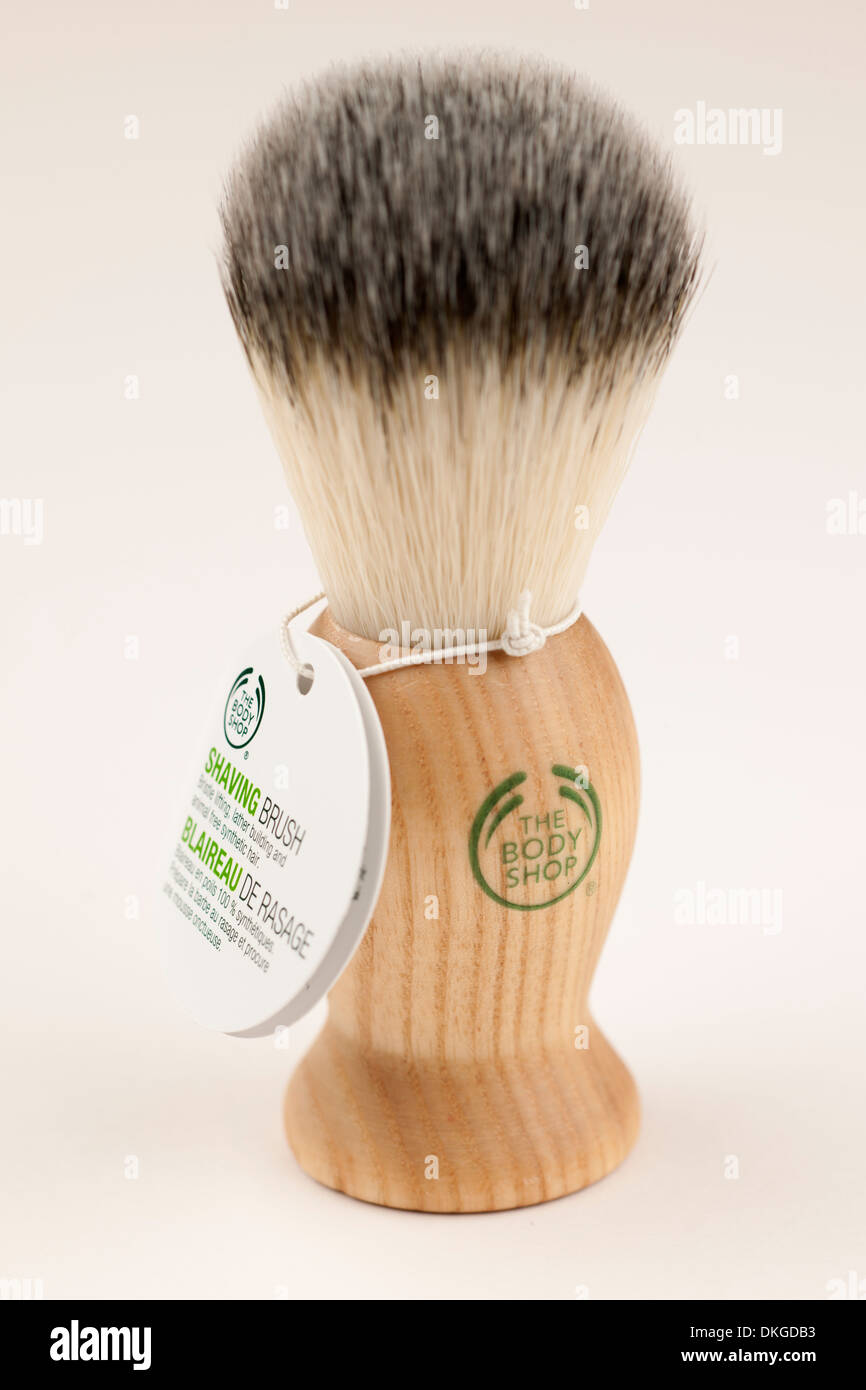 Wooden shaving brush with label from the Body Shop Stock Photo