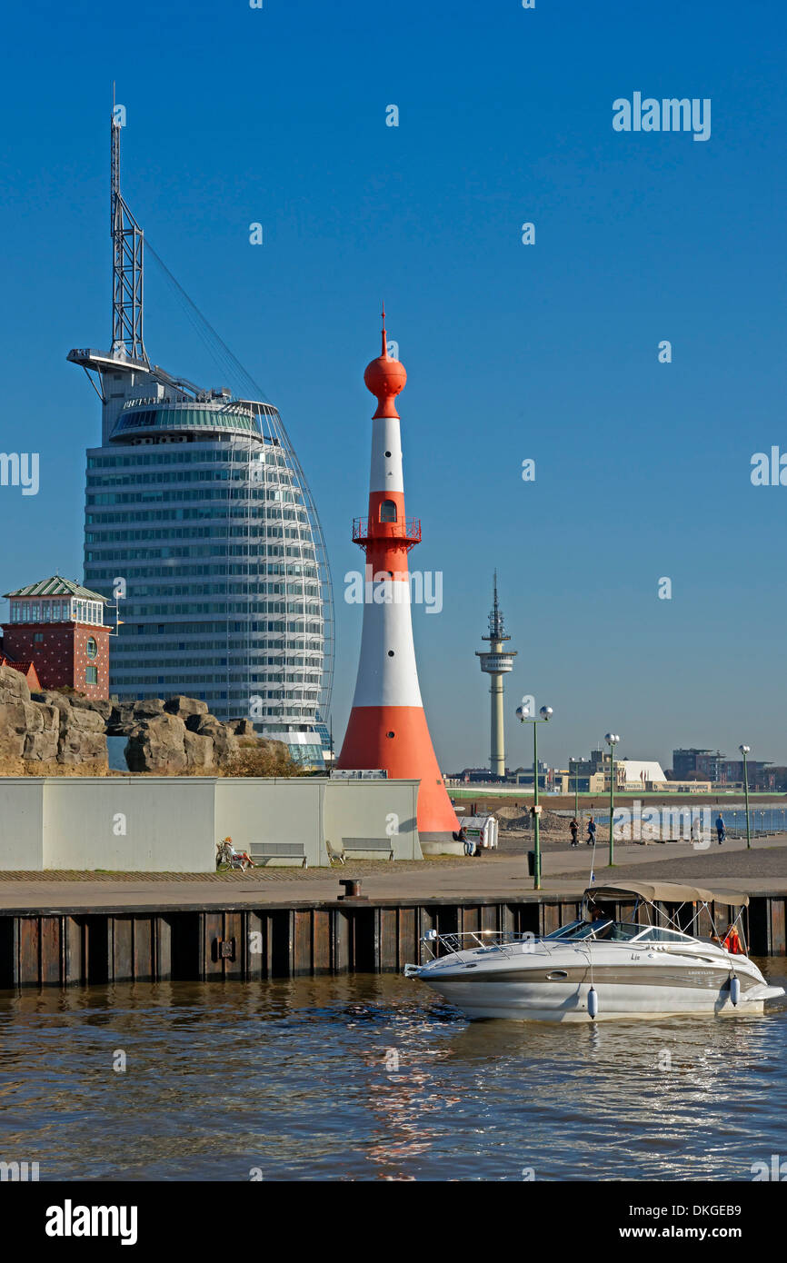 Atlantic Hotel Sail City and light beacon, Bremerhaven, Germany, Europe Stock Photo