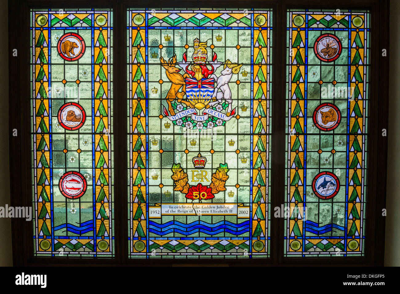 Golden Jubilee stained glass window, BC Legislature, Victoria, Vancouver Island, British Columbia, Canada Stock Photo