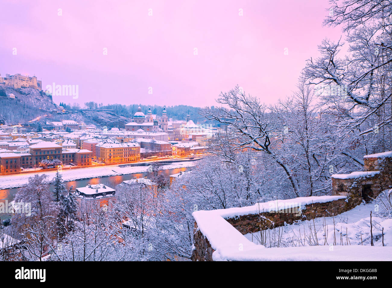 Snow-covered old town of Salzburg with Dome and fortress, Austria Stock