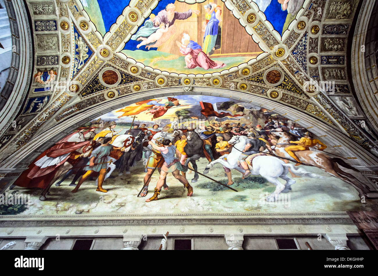 The meeting between Leo the Great and Attila by Raffaello Sanzio (Urbino 1483 - Roma 1520) in the room of Heliodorus in theVatican Museums - Rome, Italy The meeting between Leo the Great and Attila is the last fresco painted in this room and was finished after the death of julius II during the papacy of his successor. In fact Leo X appears twice in the same scene portrayed as Pope Leo the Great and as cardinal. According to the legend, the miraculous appearence of St. Peter and St. Paul armed with swords during the meeting between Pope Leo the Great and Attila (452 A.D.) caused the King of the Stock Photo