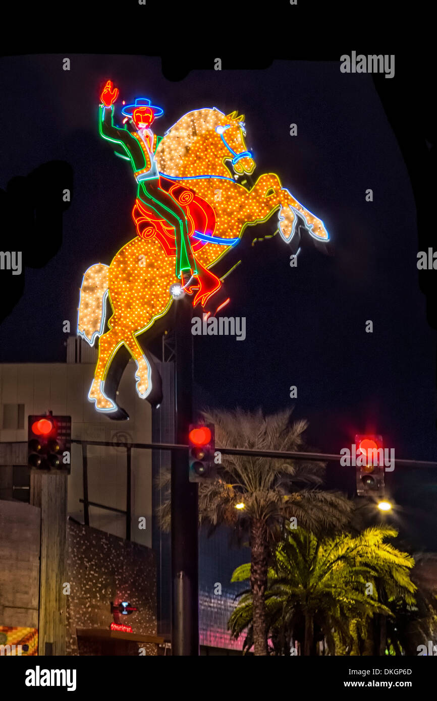 The iconic Electric Horseman neon sign from the old Hacienda Casino,at the corner of Fremont and Las Vegas Blvd. Stock Photo