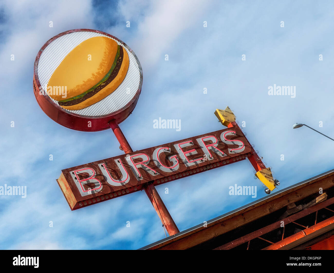 The burger sign a top the Snowcap Drive In, a Seligman Arizona icon on Old Route 66 Stock Photo