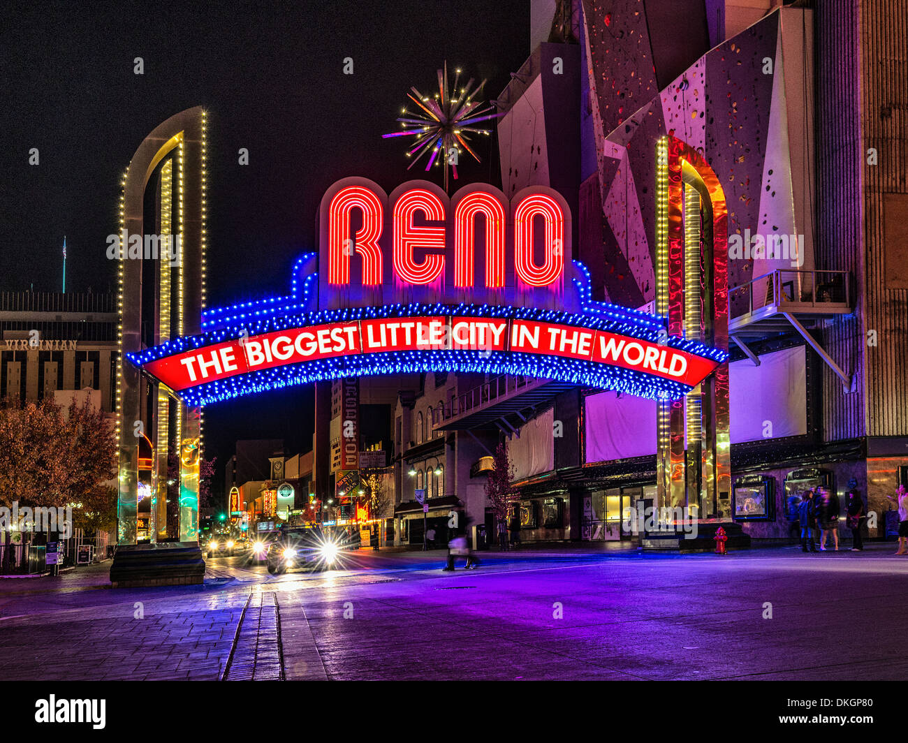 A night time view of RENO the biggest little city in the world iconic sign,Downtown  Reno Nevada Stock Photo