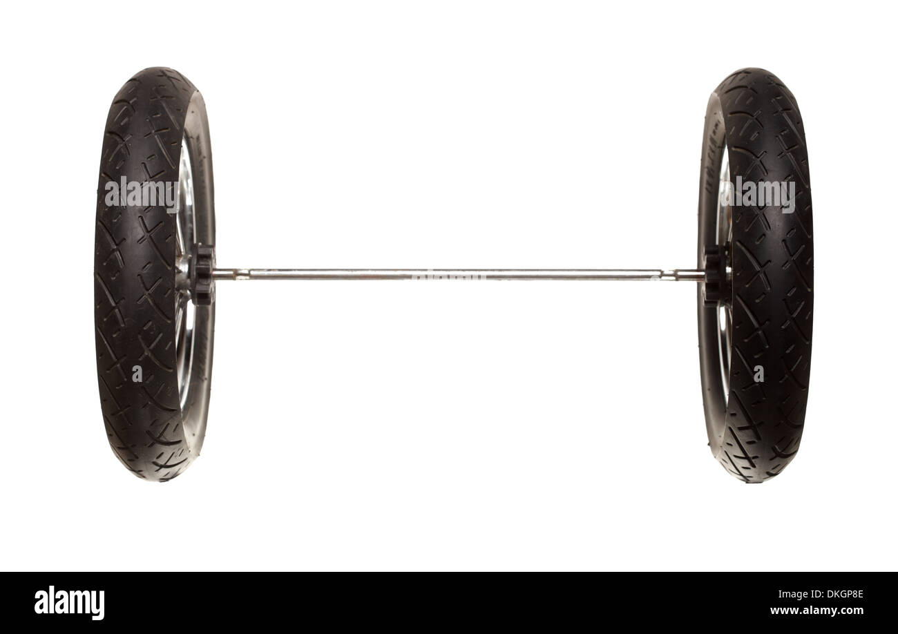 Old rubber wheel of baby pram carriage isolated on white background