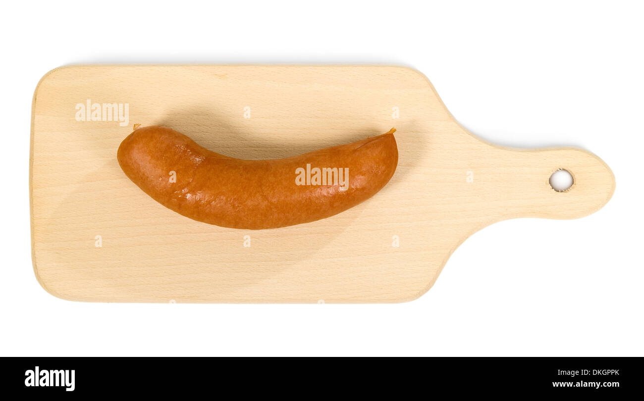 Thick sausage from meat on wooden tablet Stock Photo