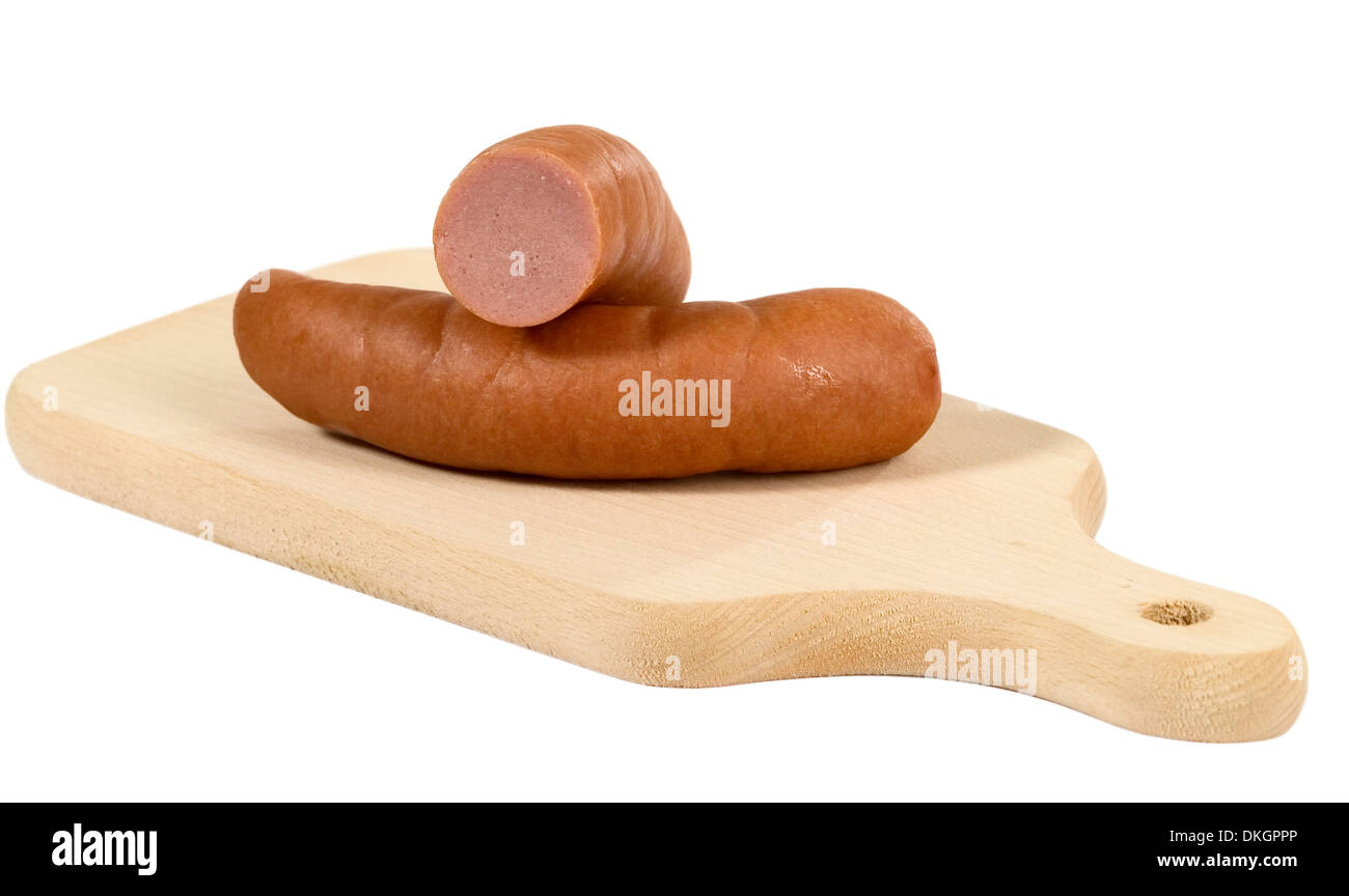 Thick sausage from meat on wooden tablet Stock Photo