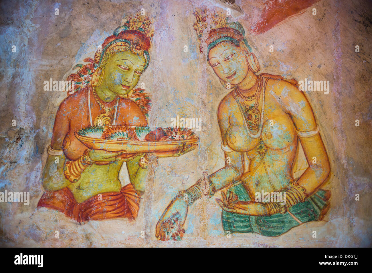 Apsara Frescoes on Mirror Wall at Sigiriya Rock Fortress, UNESCO World Heritage Site, Sri Lanka, Asia Stock Photo