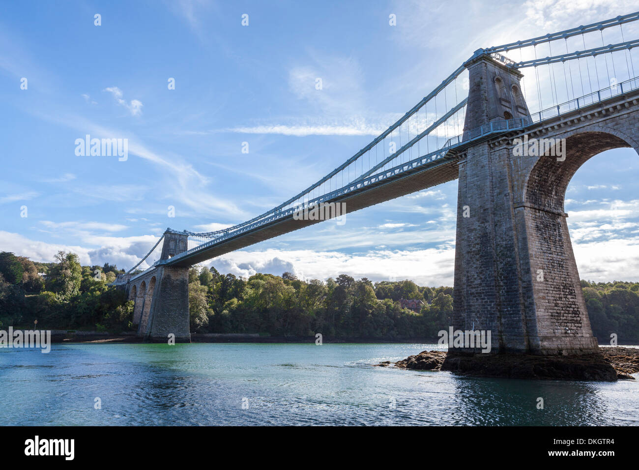 Menai Bridge spanning the Menai Strait, Anglesey, Wales, United Kingdom, Europe Stock Photo