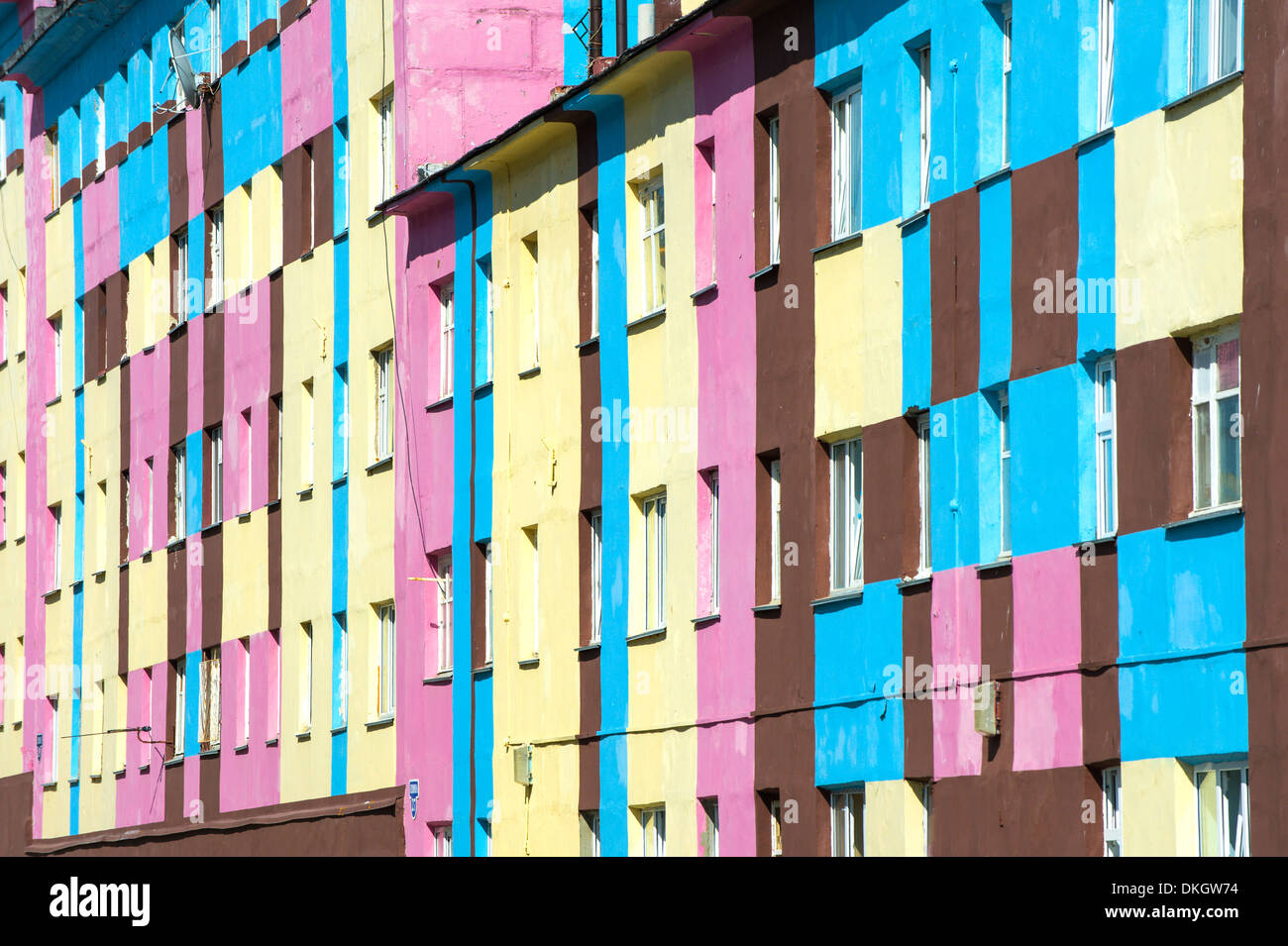 Coloured apartment houses, Siberian city Anadyr, Chukotka Province, Russian Far East, Eurasia Stock Photo