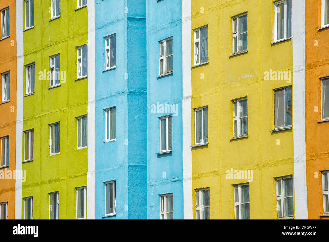 Coloured apartment houses, Siberian city Anadyr, Chukotka Province, Russian Far East, Eurasia Stock Photo