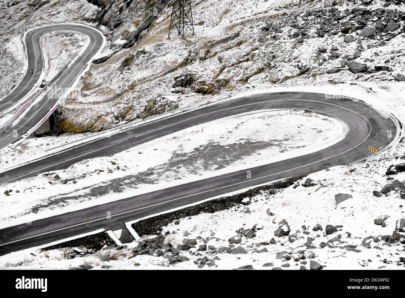 Winter scene with Transfagarasan mountain road Stock Photo