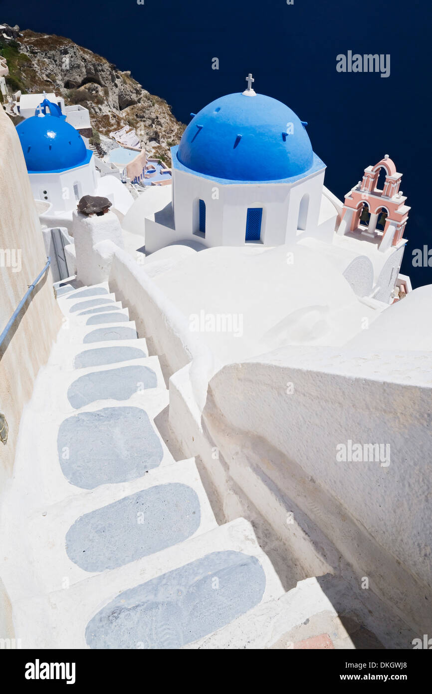 Church with blue dome with view of the Aegean Sea, Oia, Santorini, Cyclades, Greek Islands, Greece, Europe Stock Photo