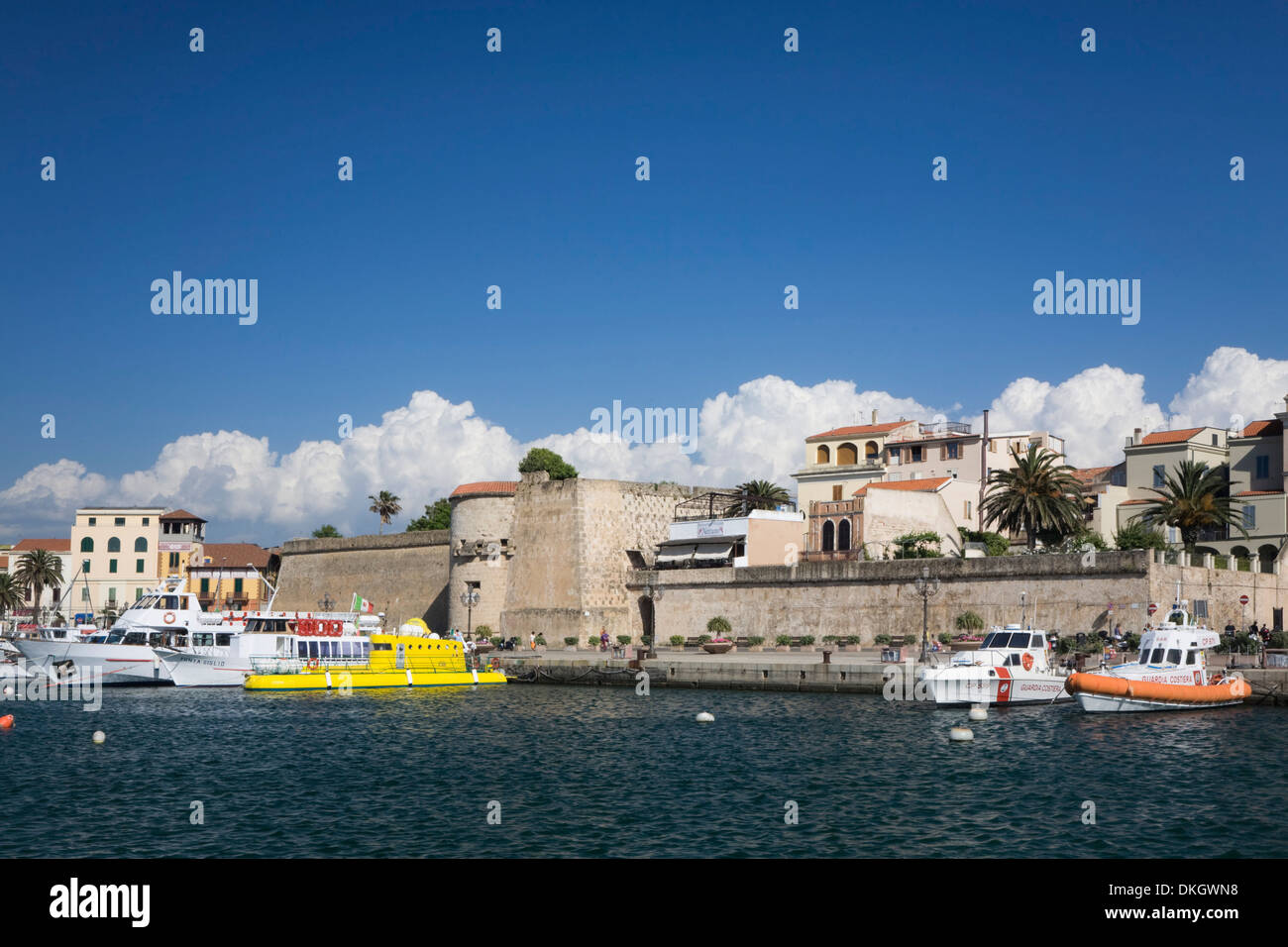 Port and town wall, Alghero, Province Sassari, Sardinia, Italy, Mediterranean, Europe Stock Photo