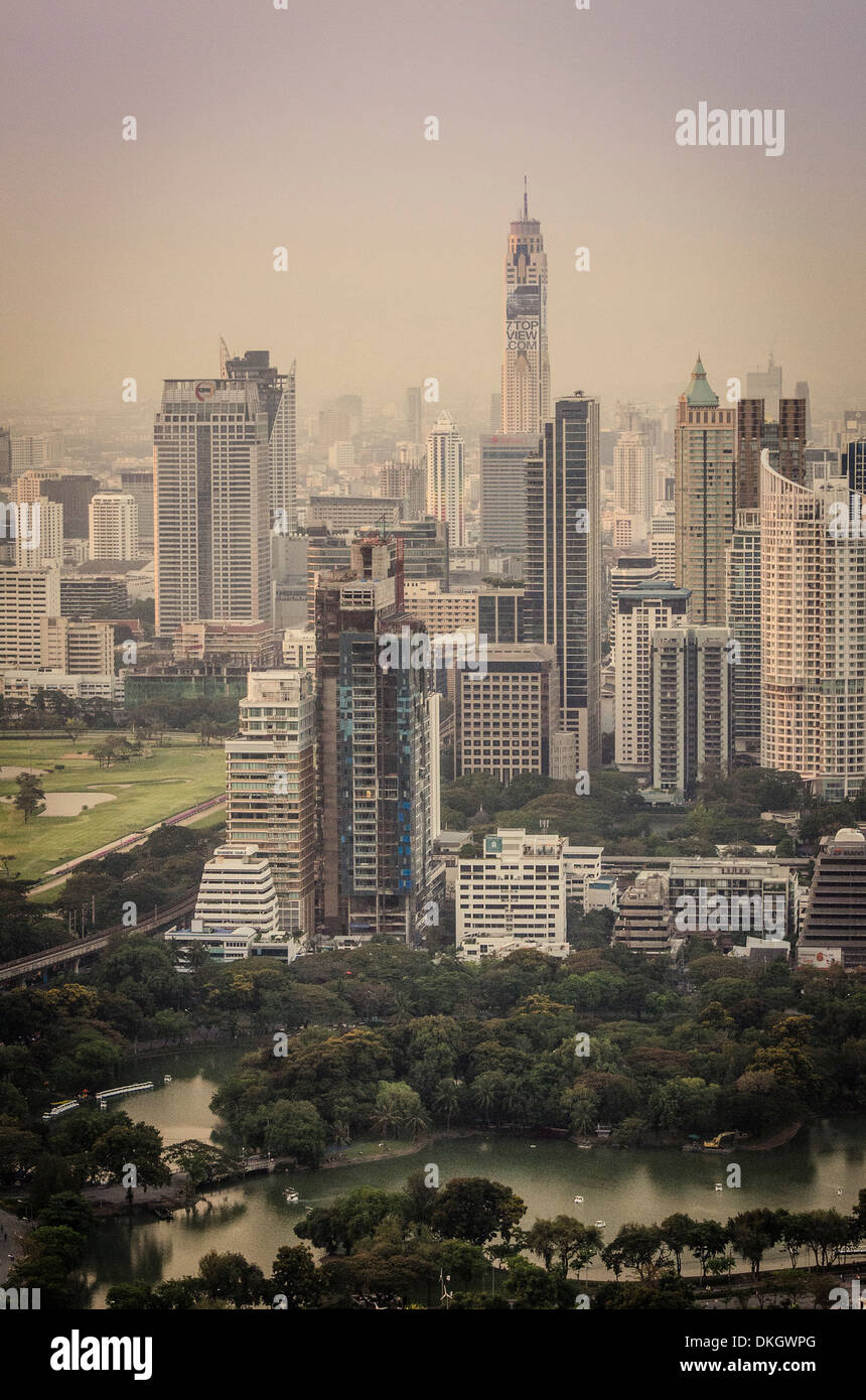 Bangkok skyline, including Baiyoke Tower II (304m) and Lumphini Park, Bangkok, Thailand. Stock Photo