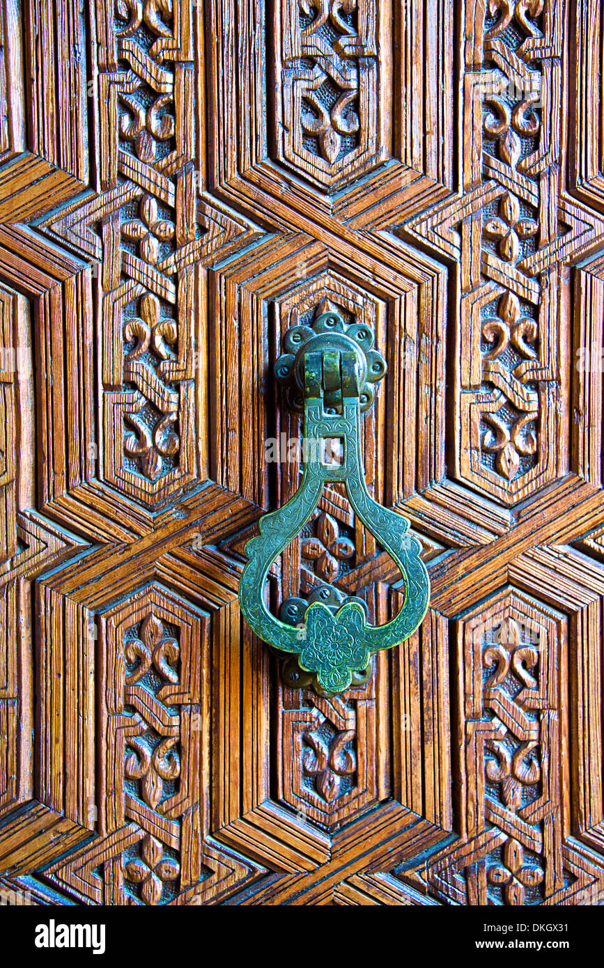 Detail of a wooden door and bronze knocker, Islamo-Andalucian art, Marrakech Museum, Marrakech, Morocco, North Africa, Africa Stock Photo