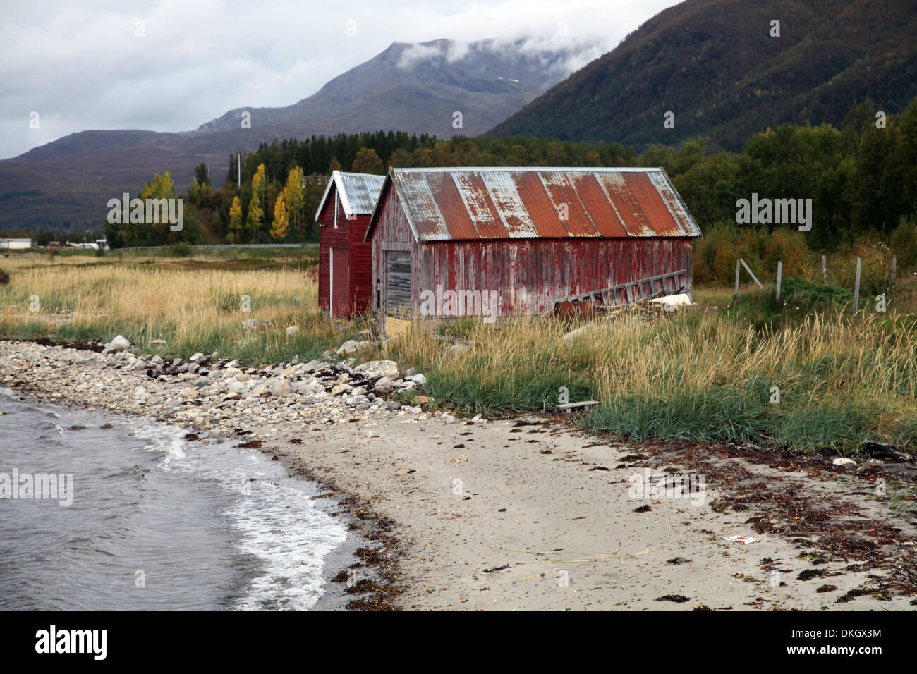 Two old boat sheds, Balsfjord, Troms, North Norway, Norway, Scandinavia, Europe Stock Photo