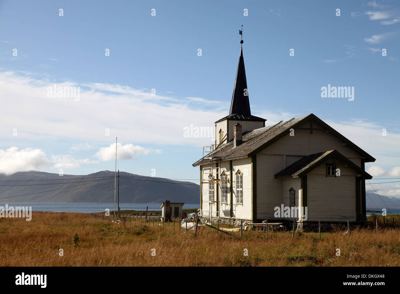 Church at uninhabited island of Helgoy, Troms, North Norway, Norway, Scandinavia, Europe Stock Photo