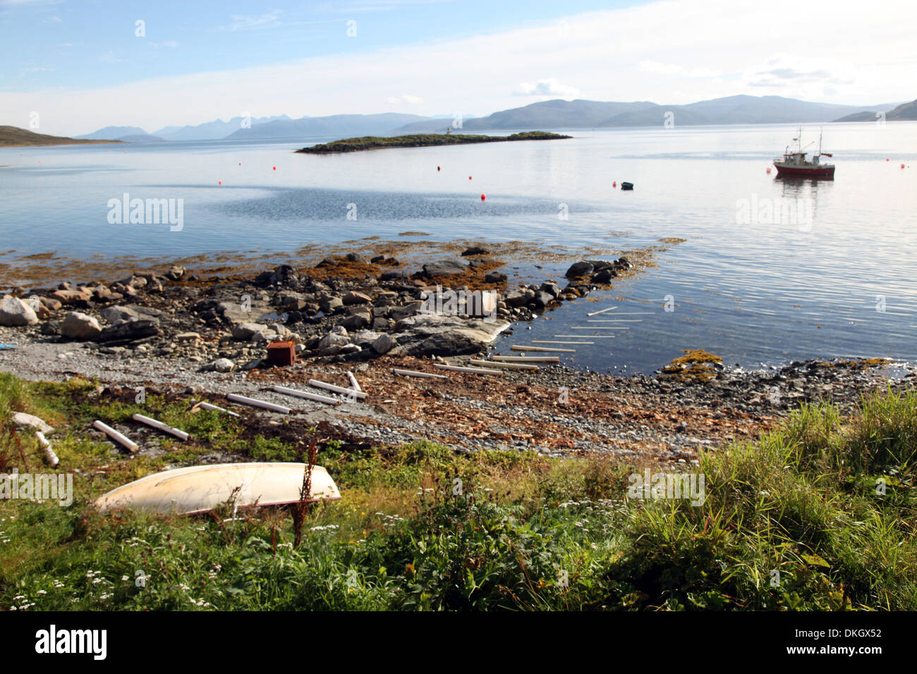 Boat and slip at Helgoy, Troms, North Norway, Norway, Scandinavia, Europe Stock Photo