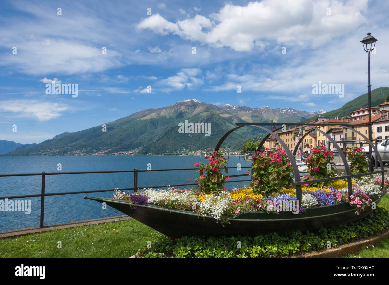 Flower boat, Domaso, Lake Como, Italian Lakes, Lombardy, Italy, Europe Stock Photo