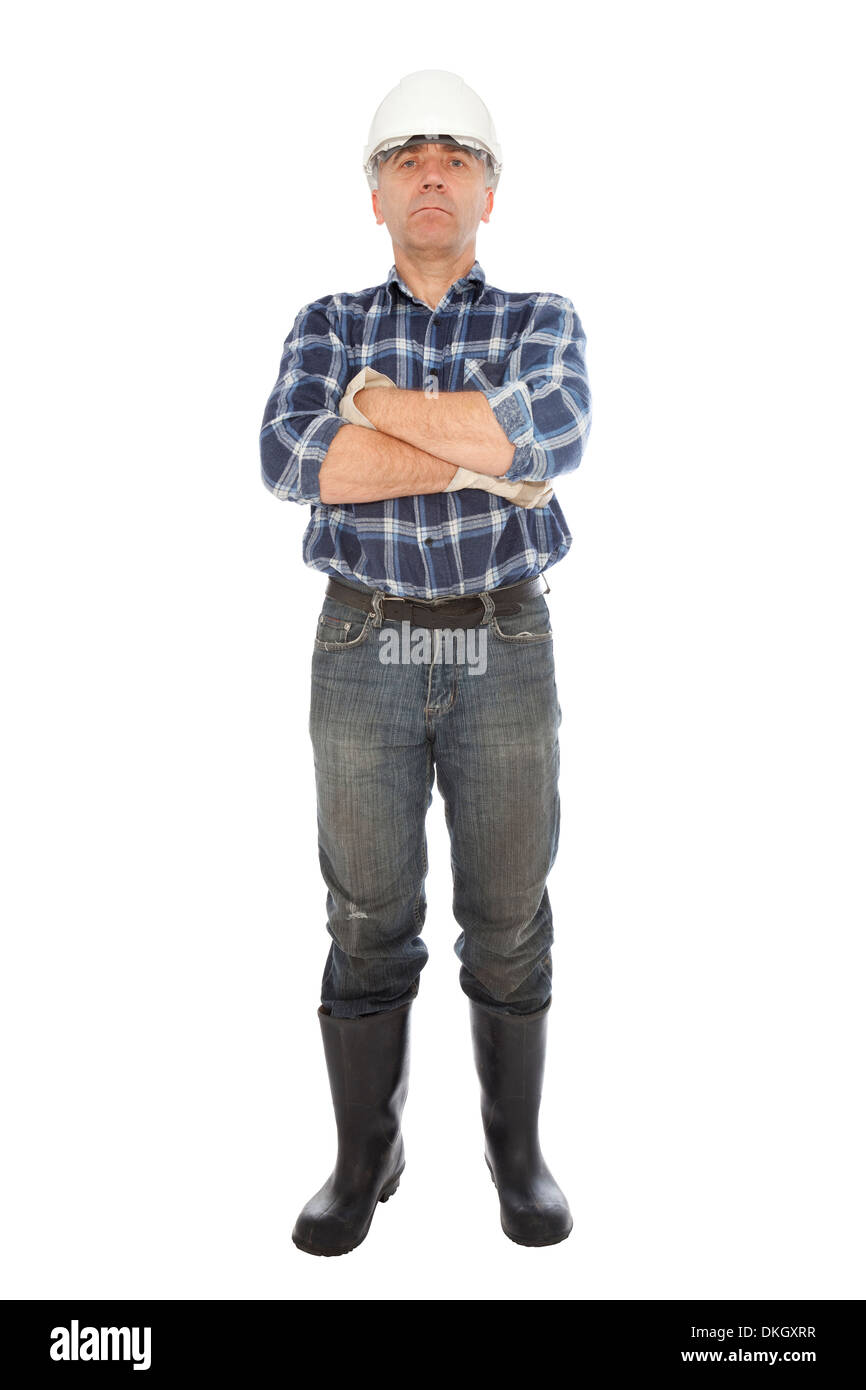 unemployed worker in gloves and helmet on white background Stock Photo