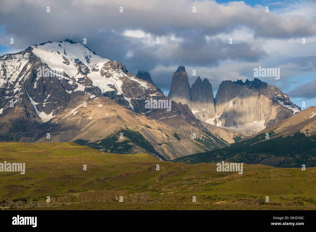 Early morning light on the towers of the Torres del Paine National Park, Patagonia, Chile, South America Stock Photo
