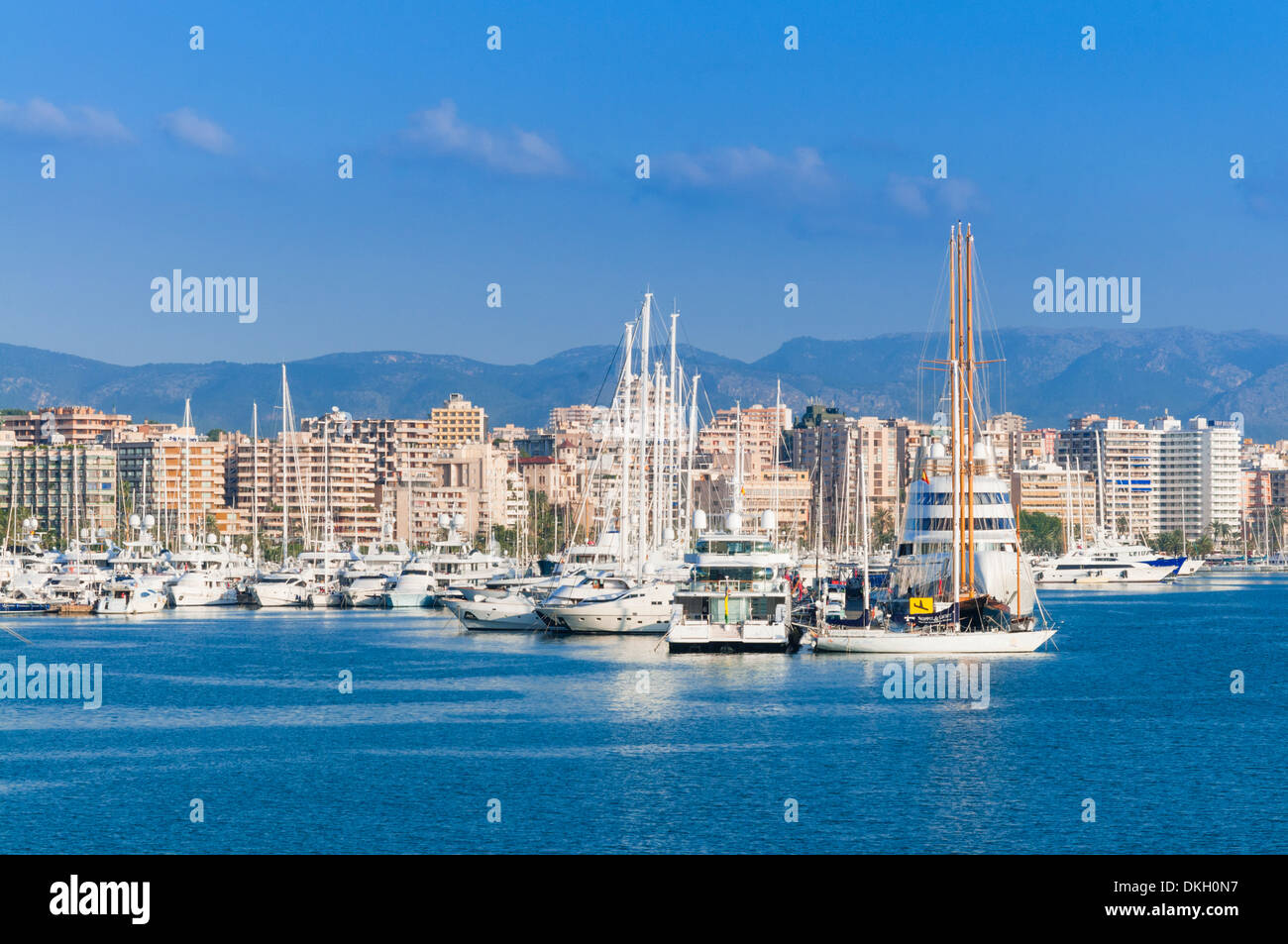 View of Palma de Mallorca harbor, Palma de Mallorca, Majorca, Balearic Islands, Spain, Mediterranean, Europe Stock Photo