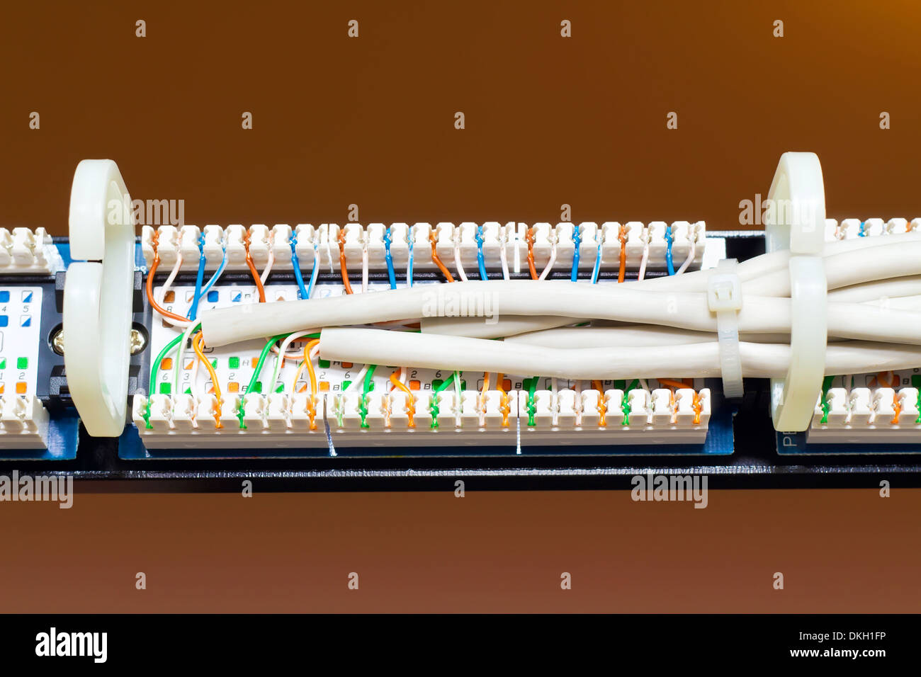 rear view of a patch panel with wires Stock Photo