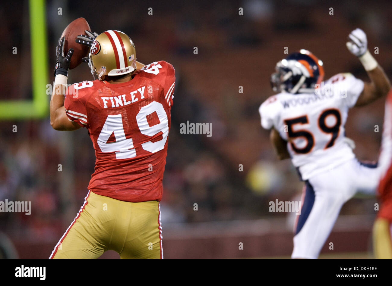 Aug. 14, 2009 - San Fransisco, California, U.S - 14 August 2009:  San Francisco 49ers TE Joe Jon Finley (49) bobbles a pass in action during the NFL pre-season game between the Denver Broncos and the San Francisco 49ers at Candlestick Park in San Francisco, CA Â© Matt Cohen / Southcreek Global 2009 (Credit Image: © Matt Cohen/Southcreek Global/ZUMApress.com) Stock Photo