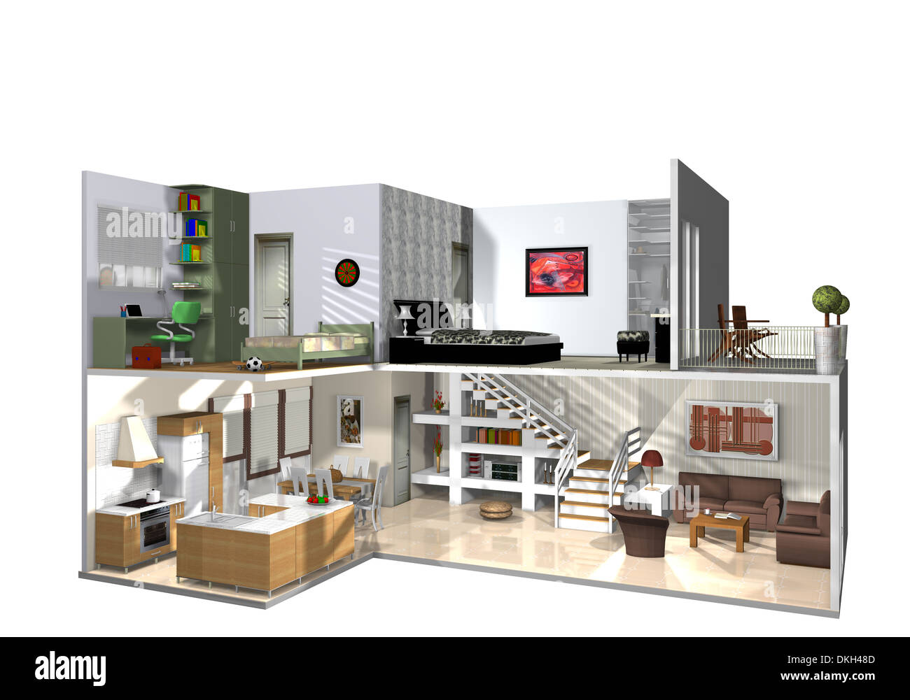 3d illustration of interior of cut-away modern two storied home, white  background Stock Photo - Alamy