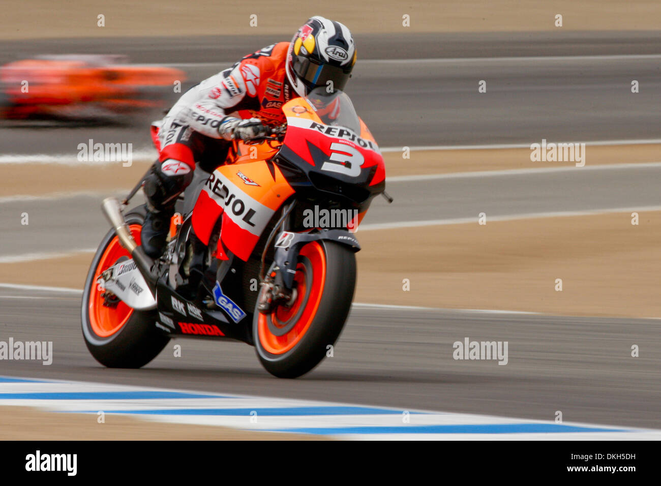 July 05, 2009 - Monterey, California, USA - 05 July 2009: Dani Perdosa, of Sabadell, Barcelona, rides the #3 motorcycle for the Respol Honda Team Honda during MotoGP warm-up at the  Mazda Raceway Laguna Seca, in Monterey, Calif. MotoGP's 8th race is set to take place on today, July 5, 2009 at 14:00 PST prior to making its next stop  in Germany. (Credit Image: © Konsta Goumenidis/So Stock Photo
