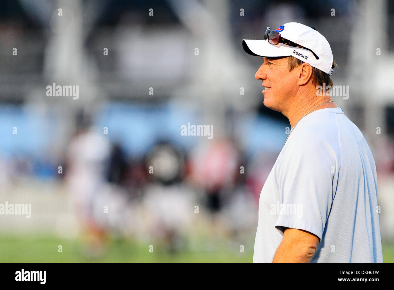 Buffalo Bills Hall of Fame quarterback Jim Kelly watches practice from