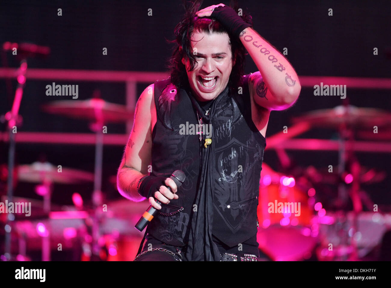 Austin Winkler, lead singer of Hinder, performs on stage at the Molson