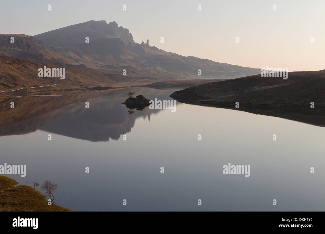 The Storr reflected in the calm waters of Loch Fada, Trotternish, Isle of Skye, Scotland, United Kingdom, Europe Stock Photo