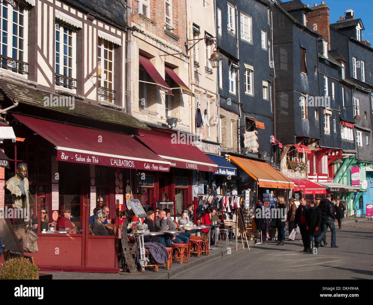 NORMANDY, FRANCE. Cafes and restaurants by the harbour at Honfleur on the Seine estuary. 2013. Stock Photo