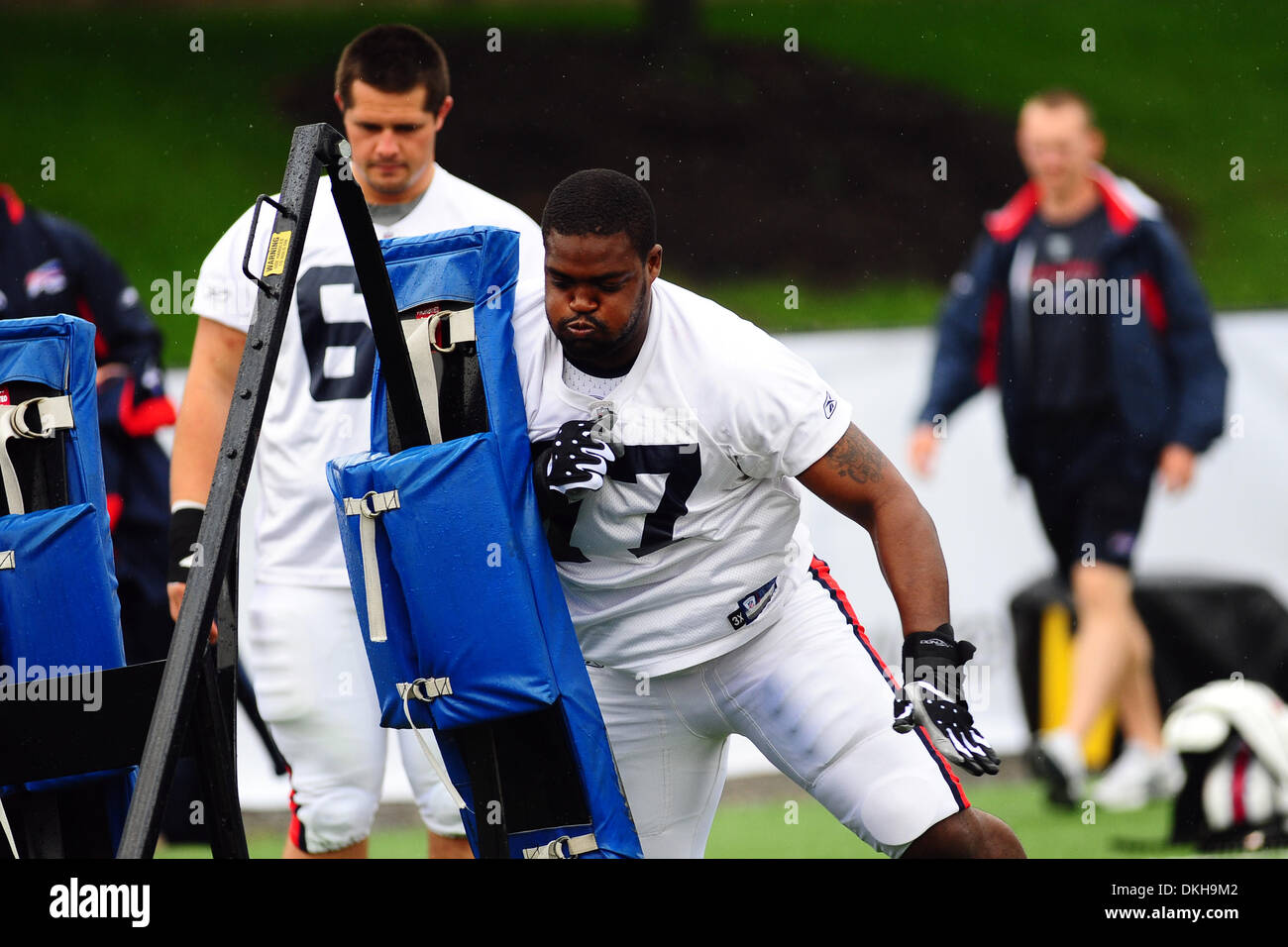 Buffalo Bills tackle Demetrius Bell hits the sled early in Wednesday's