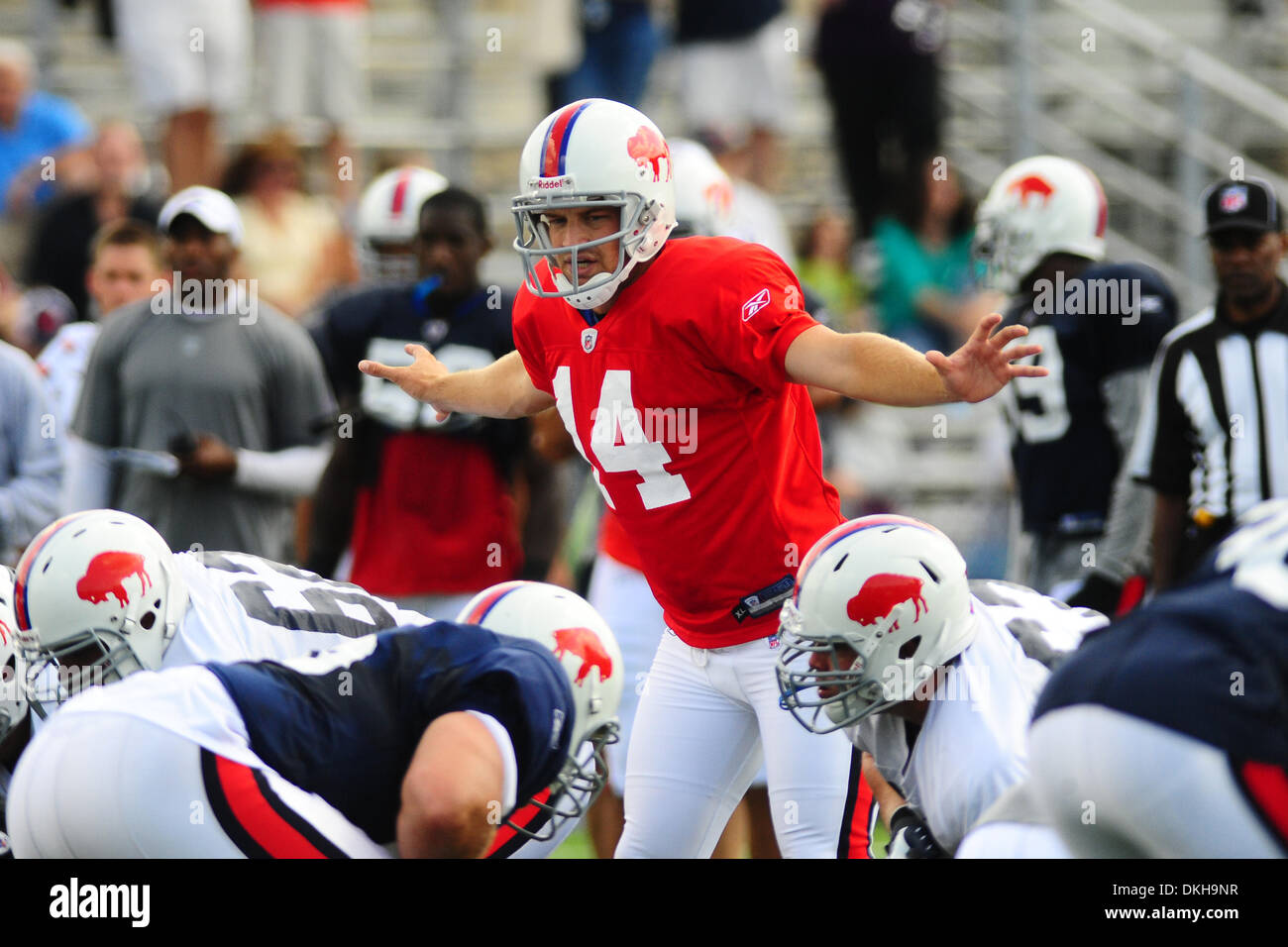 Buffalo Bills quarterback Ryan Fitzpatrick looks to gun the pass down field  during Friday's practice at St. John Fisher College in Rochester, NY.  (Credit Image: © Michael Johnson/Southcreek Global/ZUMApress.com Stock  Photo 