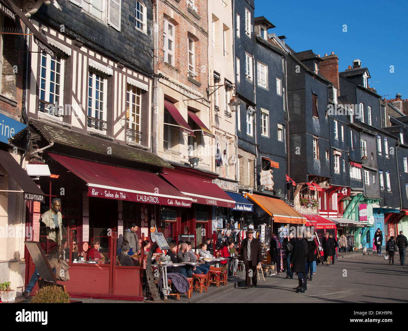 NORMANDY, FRANCE. Cafes and restaurants by the harbour at Honfleur on the Seine estuary. 2013. Stock Photo