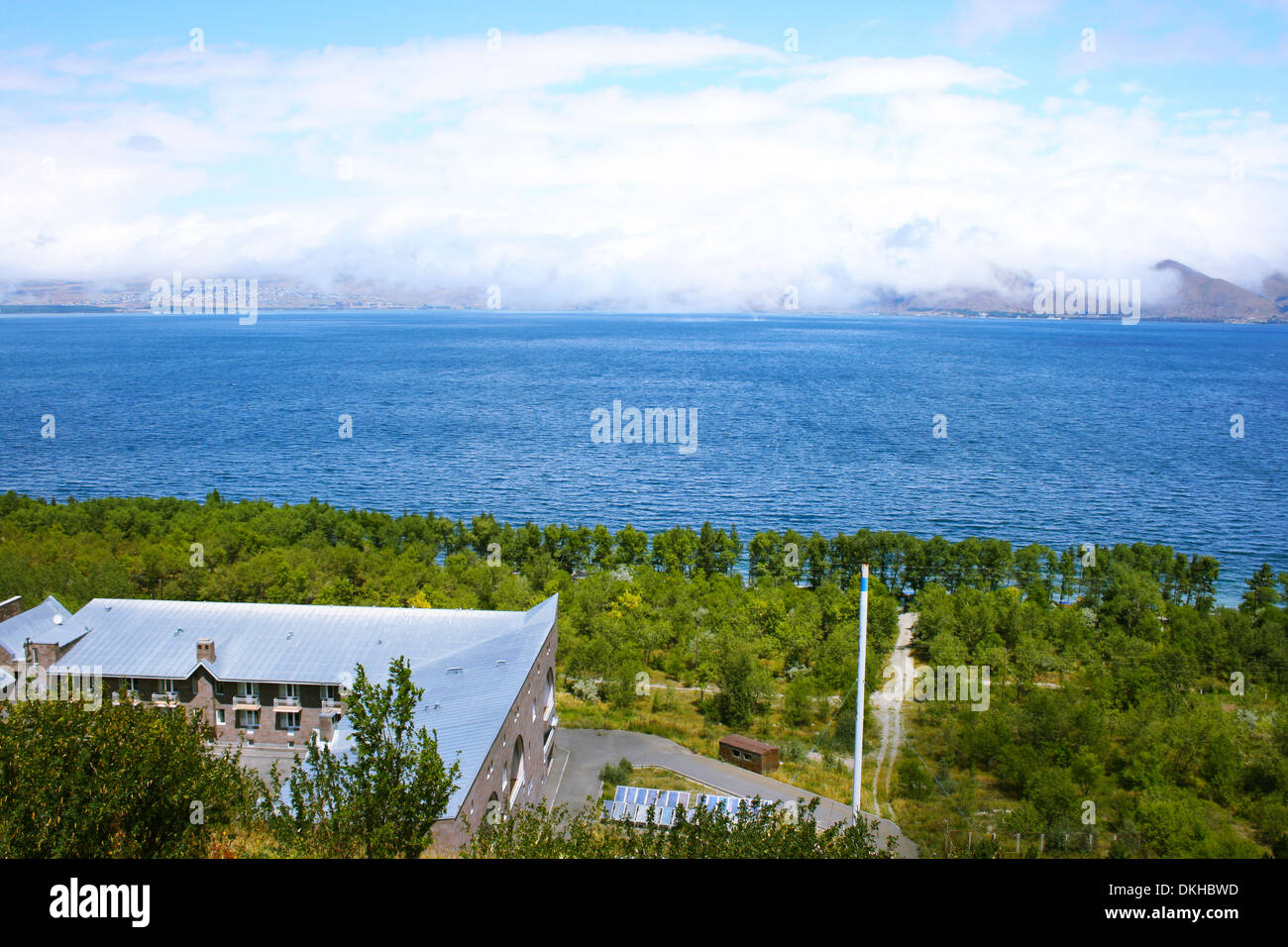 Lake Sevan and cloudy mountains in Armenia. Stock Photo
