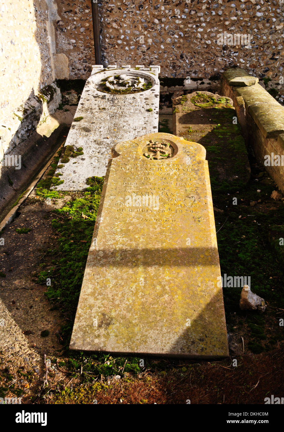 Old tombstones by the parish church of St Margaret at Cley next the Sea, Norfolk, England, United Kingdom. Stock Photo