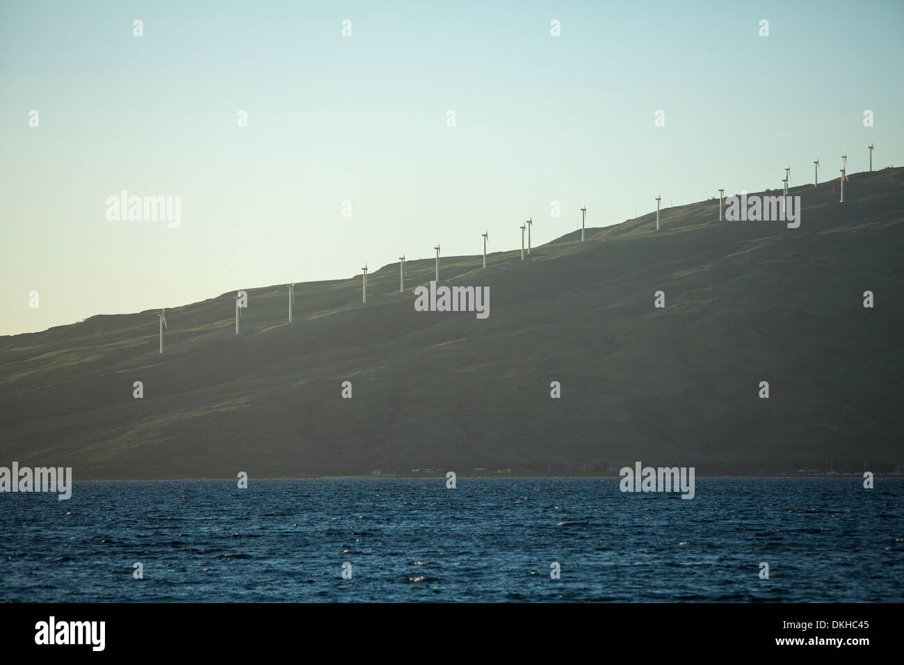 Kaheawa Wind Farm, above Maalea, Maui, Hawaii in the West Maui Mountains. Stock Photo