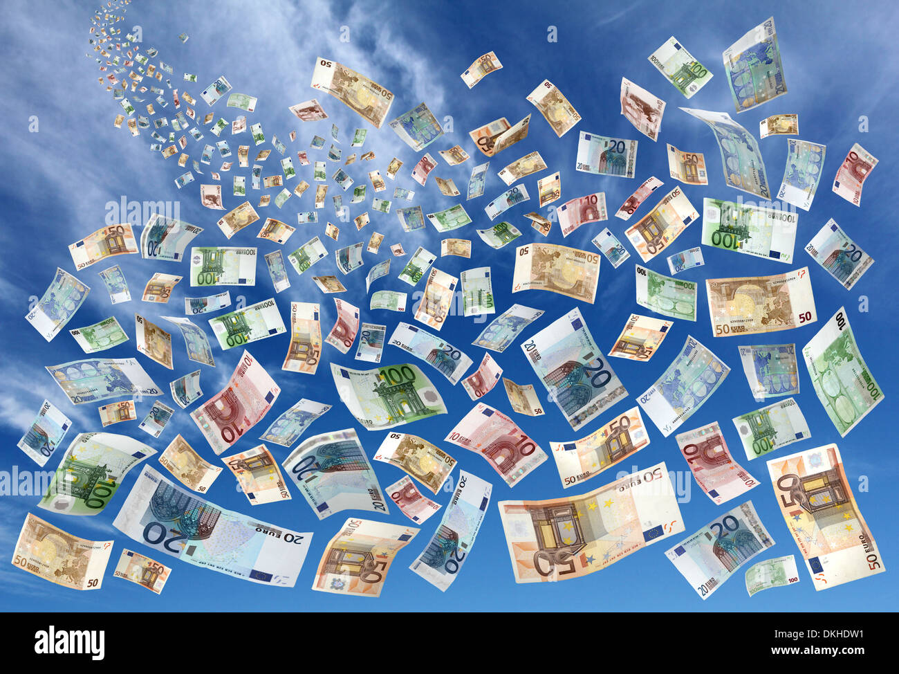 Many euro banknotes falling from the sky Stock Photo