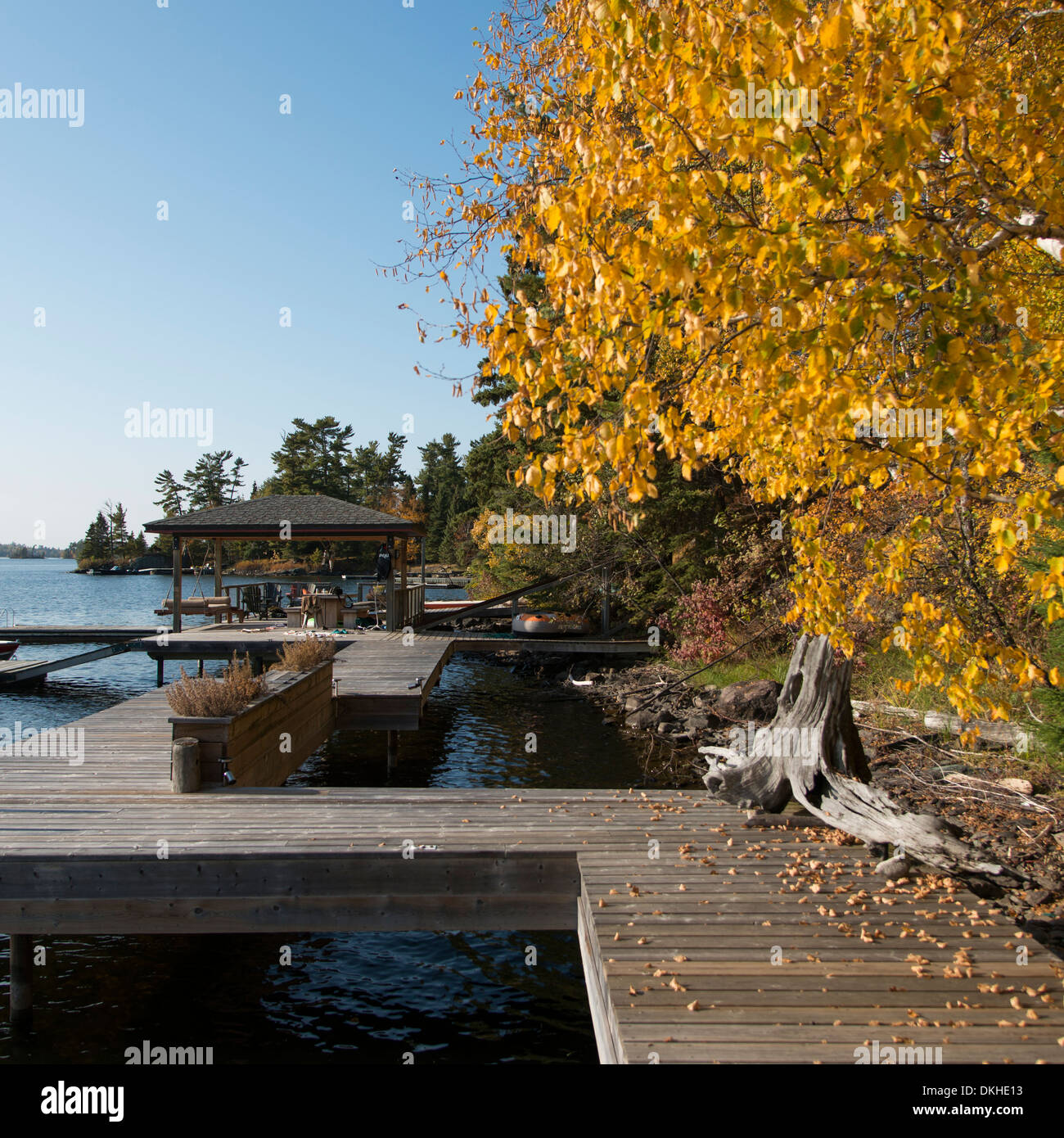 Dock at the lakeside, Kenora, Lake of The Woods, Ontario, Canada Stock Photo