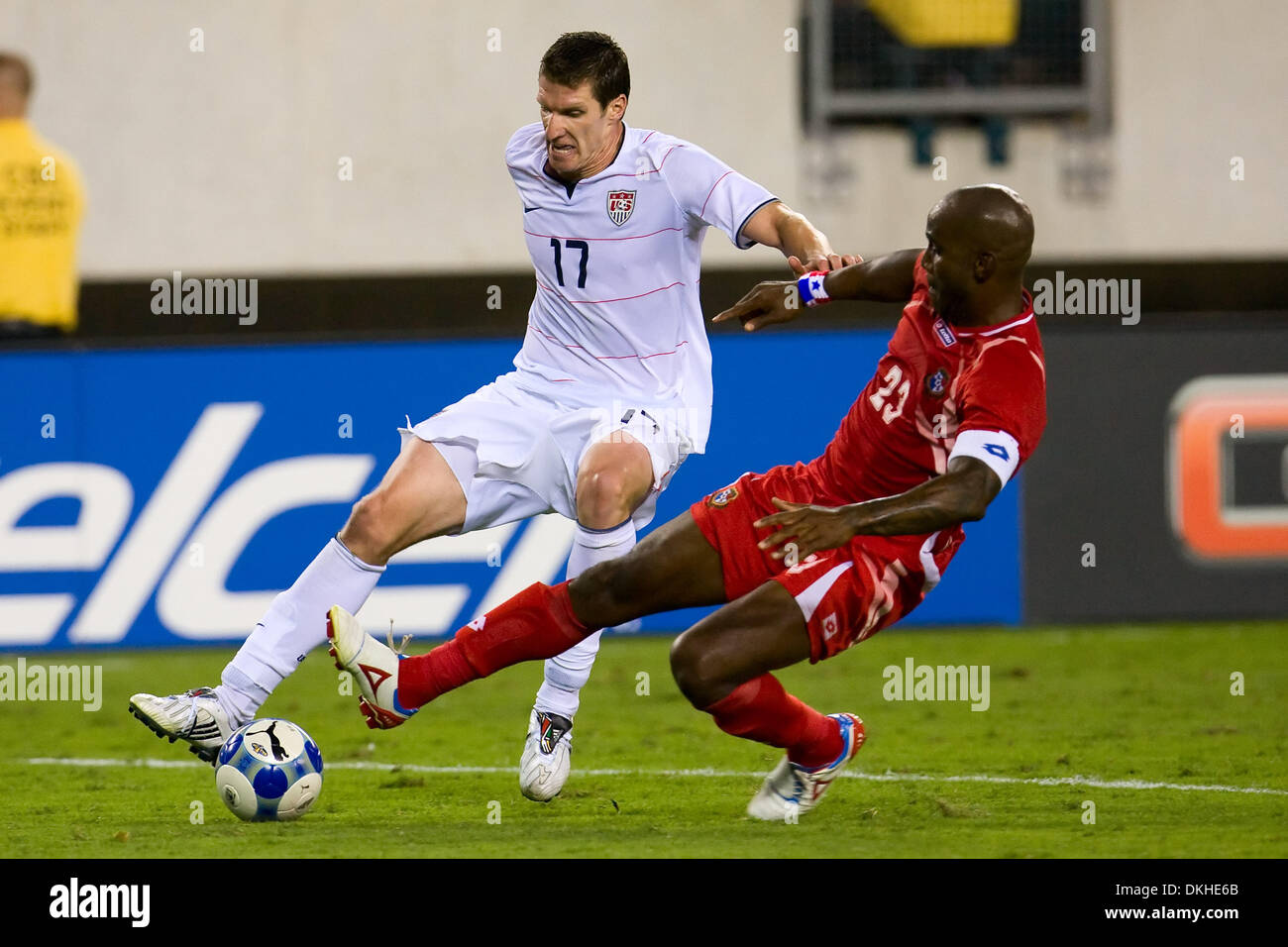 United States' attacker Kenny Cooper (17) trying to keep the ball from the sliding Panama's defender Felipe Baloy (23) during the CONCACAF Gold Cup quarter finals match between United States and Panama at Lincoln Financial Field in Philadelphia, Pennsylvania.  United States beat Panama, 2-1 in overtime. (Credit Image: © Chris Szagola/Southcreek Global/ZUMApress.com) Stock Photo
