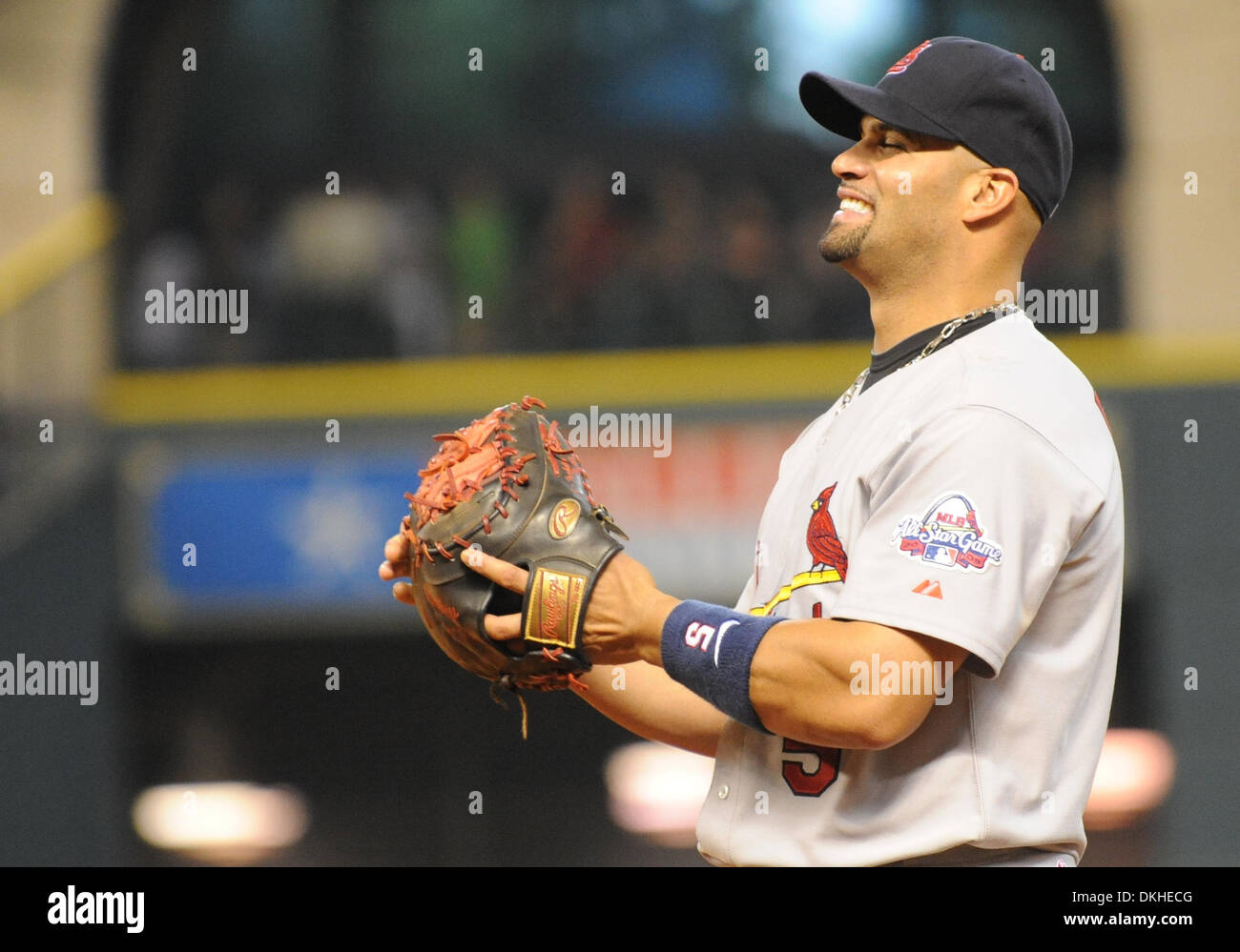 St. Louis infielder, Albert Pujols, laughs with teammates during a