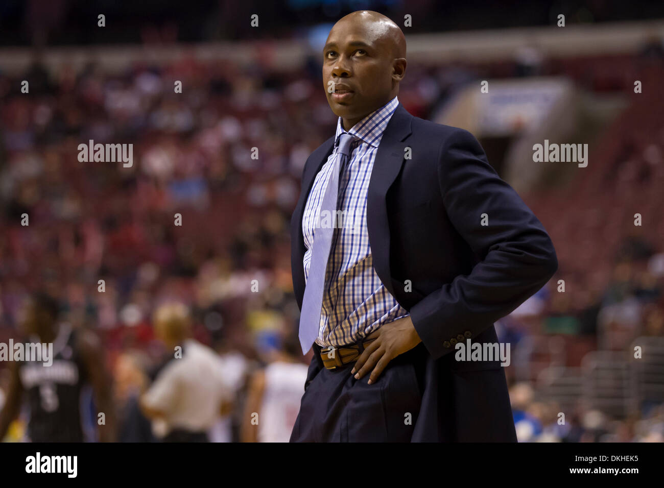 December 3, 2013: Orlando Magic head coach Jacque Vaughn looks on during the NBA game between the Orlando Magic and the Philadelphia 76ers at the Wells Fargo Center in Philadelphia, Pennsylvania. The 76ers win 126-125 in double overtime. (Christopher Szagola/Cal Sport Media) Stock Photo