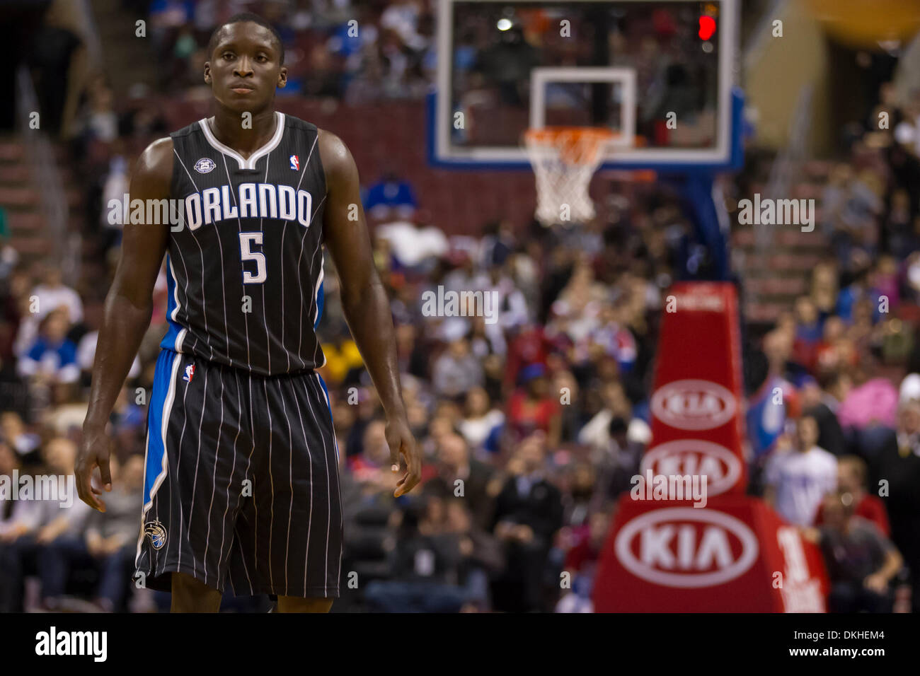 December 3, 2013: Orlando Magic shooting guard Victor Oladipo (5) looks on during the NBA game between the Orlando Magic and the Philadelphia 76ers at the Wells Fargo Center in Philadelphia, Pennsylvania. The 76ers win 126-125 in double overtime. (Christopher Szagola/Cal Sport Media) Stock Photo