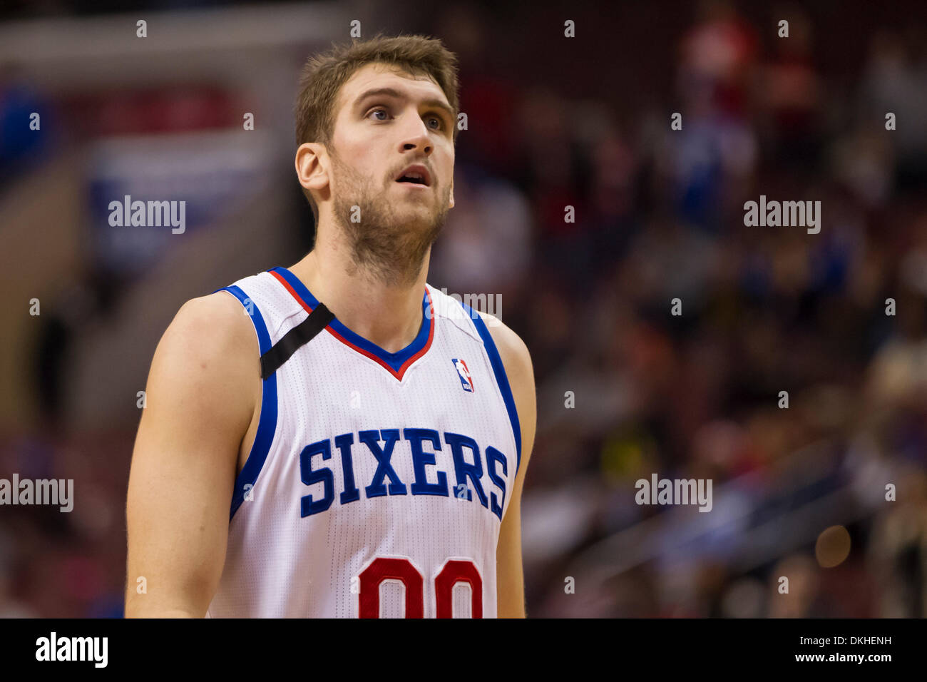 December 3, 2013: Philadelphia 76ers center Spencer Hawes (00) looks on during the NBA game between the Orlando Magic and the Philadelphia 76ers at the Wells Fargo Center in Philadelphia, Pennsylvania. The 76ers win 126-125 in double overtime. (Christopher Szagola/Cal Sport Media) Stock Photo